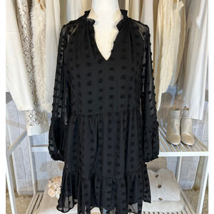 Sam and Jess Women's Size XS Black Swiss Dot Poet Sleeve Knee Length Dress #0287